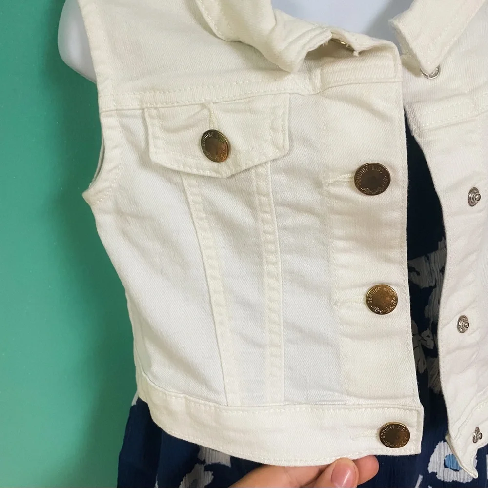 Genuine Kids Oshkosh Navy & White Floral Dress & White Denim Vest Set Girls 4T
